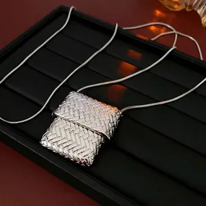 Elegant silver snake chain necklace with square woven texture pendant for women