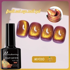Macro detail of MY010 fruit cat eye nail gel showing deep purple base with golden magnetic shimmer