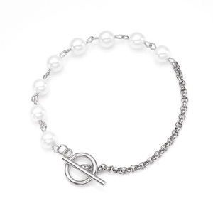 Elegant gold-plated OT clasp pearl bracelet with polished steel chain for women