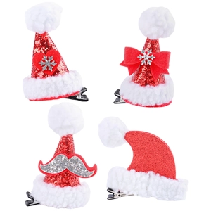 Set of four festive Christmas hat hair clips with sequins and plush details for girls