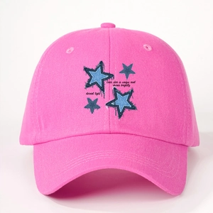 Pink cotton baseball cap with blue star print and motivational text for outdoor sun protection