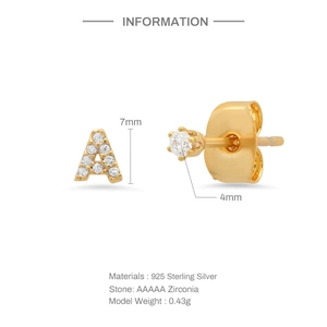 Detail of 925 sterling silver letter A stud earring set with AAAAA zirconia stones