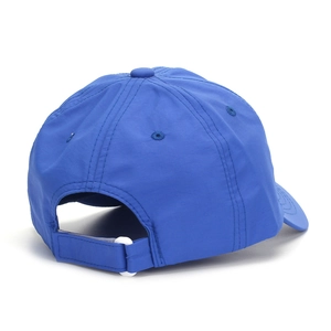 Detail of adjustable blue dinosaur baseball cap showing the back strap and breathable fabric