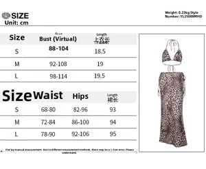 Size chart for leopard print bikini top and long skirt set including detailed measurements