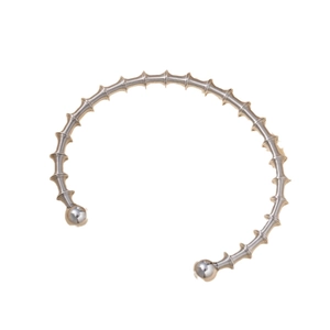Silver titanium steel open bangle with spiral screw texture and polished ball ends