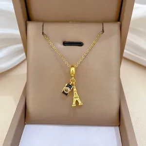 Eiffel Tower And Camera Pendant Necklace Women Stainless Steel Chain Copper Micro Inlaid Zircon Enamel Retro Jewelry