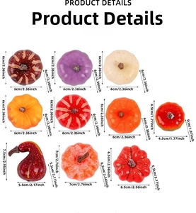 Set of 10 artificial pumpkins in various colors with detailed size measurements