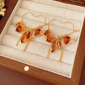 Heart Dangle Earrings 18K Gold Plated Glass Amber Gemstone Long Tassel Vintage Jewelry With Silver Earring Post