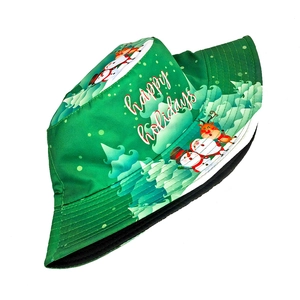 Christmas green bucket hat with snowman deer print and happy holidays text