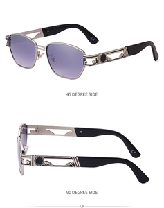 Detailed views of steampunk metal frame with purple gradient lenses and ornate temple design