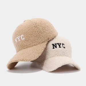 Sherpa fleece NYC embroidery baseball cap for winter in khaki and cream colors