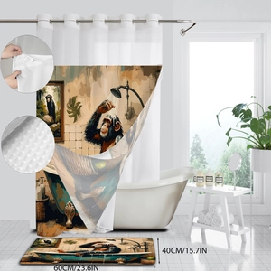 Artistic gorilla shower curtain and anti-slip bath mat set with silver eyelets