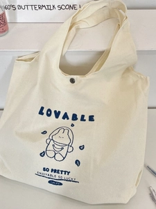 Women Canvas Tote Bag Large Capacity Handbag Cartoon Bunny Printed Casual School Shopping Bag With Snap Button