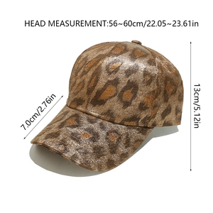 Detailed view of leopard print baseball cap with gold foil texture and size measurements
