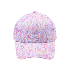 Close-up of the purple floral pattern and six-panel stitching on the child baseball cap