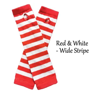 Detail showing red and white wide striped knitted fingerless gloves with thumb hole