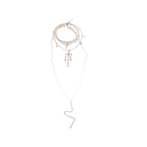 Elegant multi-layer pearl necklace with silver cross pendants for a sophisticated look