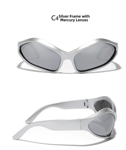 Detail view of Y2K futuristic silver wrap-around sunglasses with mirrored silver lenses