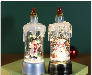 Close-up of LED Christmas snowman snow globe candles with warm glowing lighting effects