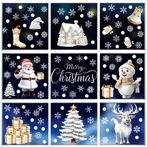 3D Merry Christmas window stickers set with Santa Claus, reindeer, and snowflakes