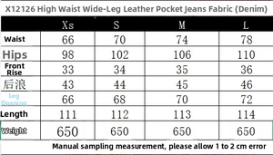 Größentabelle mit Taillen- und Hüftmaßen für High Waist Wide Leg Denim-Hosen
