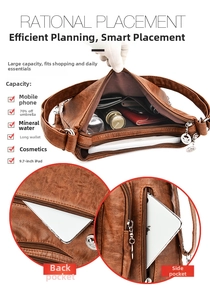 Detail view of brown vintage leather shoulder bag showing spacious storage compartments