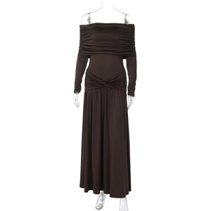 Detailed close-up of dark brown off-shoulder ruched dress with long sleeves