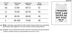 Detailed size chart for women slim fit letter print tank top with CM measurements