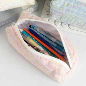 Pink tweed pencil case for students with large capacity and woven texture design