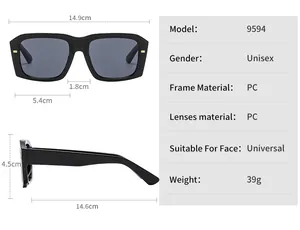 Detailed size chart for retro square sunglasses showing dimensions of frame and PC lenses