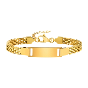 Golden multi-strand mesh chain bracelet with polished rectangular bar for engraving