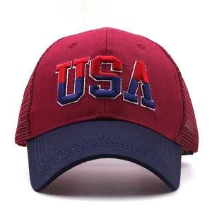 Front view of USA baseball cap featuring high-quality 3D embroidery and navy mesh back