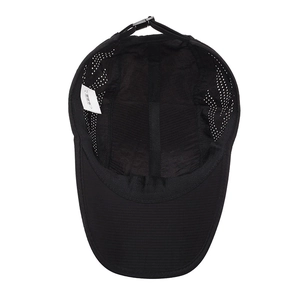 Black quick-dry sports cap with laser-cut side vents and adjustable buckle strap