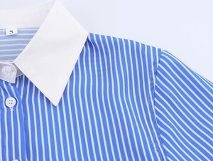 Detail of blue and white vertical striped shirt showing white pointed collar and buttons