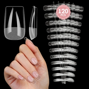 Macro detail of 120pcs clear half-matte press-on nail tips with seamless application