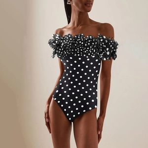 Polka dot one-piece swimsuit with off-shoulder 3D floral ruffles for summer beachwear
