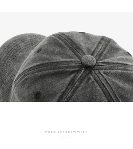 Macro shot of dark grey washed cotton baseball cap crown with stitched eyelets and button