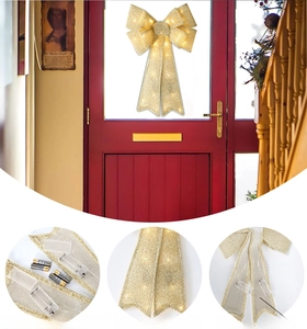 Detail view of large LED Christmas bow featuring plush texture and battery pack compartment