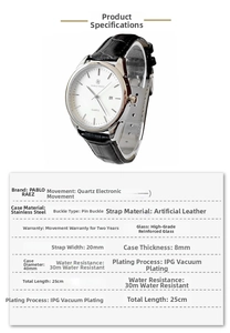 Detailed specs of quartz men's watch with 40mm steel case and 30m water resistance