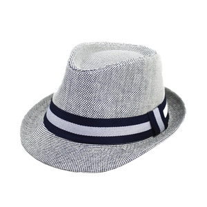 Classic Panama straw Fedora hat for men in blue-white weave with striped band
