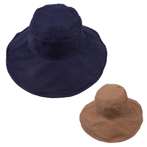 Detail view of cotton fabric and stitching on wide-brim navy and tan sun hats
