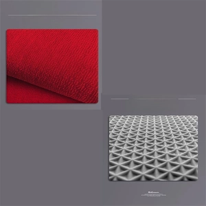 Detail of red looped pile fabric with a non-slip grey TPR backing for safety