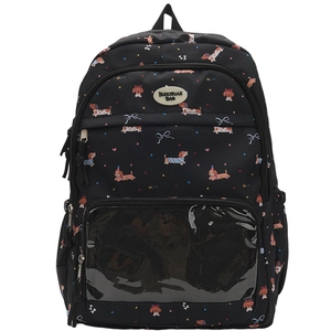 Detail of black dachshund print backpack with a large transparent PVC display window