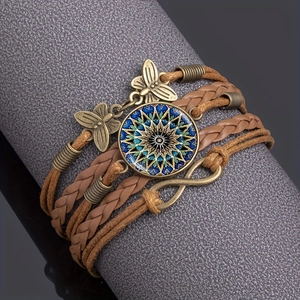 Vintage multilayer leather yoga mandala flower bracelet with butterfly charms for women