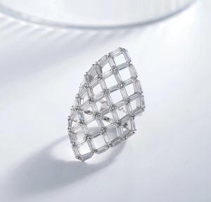 Macro view of wide silver hollow grid ring featuring multiple rows of crystal rhinestones
