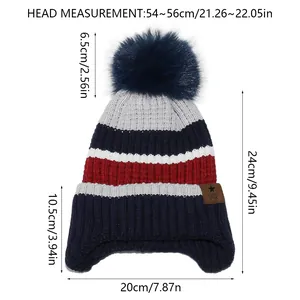Size chart for kids' striped knit earflap hat with colorful pompom and measurements