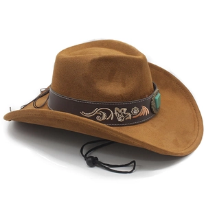 Chapeau de cowboy marron avec bande en cuir brodée et détail de pierre verte