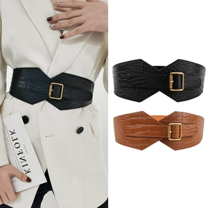 Women Wide Corset Belt Crocodile Pattern PU Leather Elastic Waistband Gold Alloy Pin Buckle Retro Vintage Dress Accessory