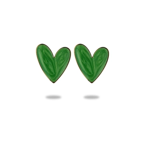 Elegant green enamel heart stud earrings with a minimalist golden stainless steel frame