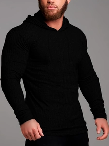 Close-up of men's slim fit black hooded sweatshirt with vertical ribbed knit texture